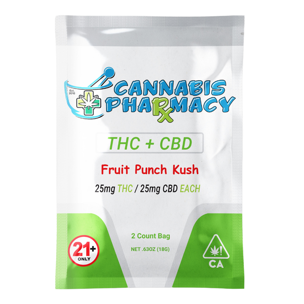 Cannabis Pharmacy 1:1 Delta-9 THC Gummies | 25mg THC & 25mg CBD - Fruit Punch Kush - 2ct Cannabis Pharmacy 1:1 Delta-9 THC Gummies | 25mg THC & 25mg CBD - Fruit Punch Kush - 2ct