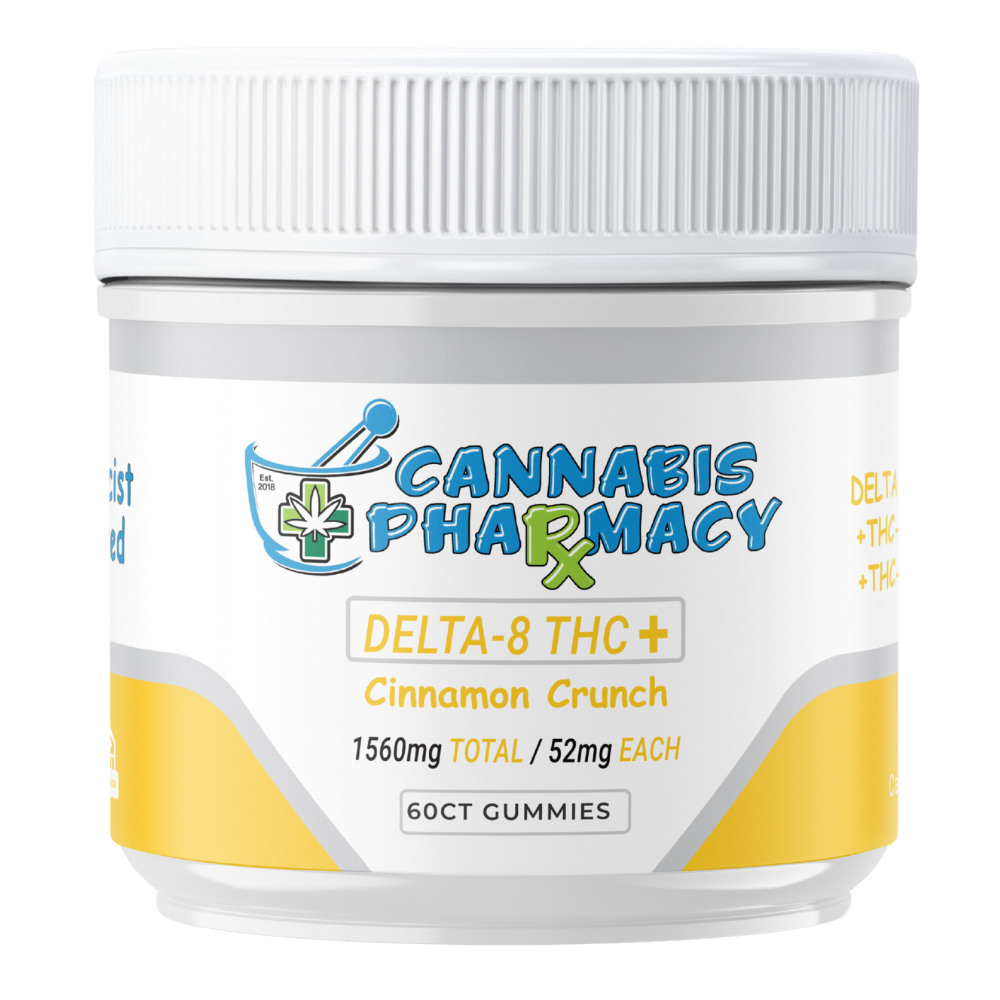 Cannabis Pharmacy | Delta-8 THC Plus Gummies | 50mg Delta 8 + 1mg THCA + 1mg THCP - Cinnamon Crunch - 60ct Cannabis Pharmacy | Delta-8 THC Plus Gummies | 50mg Delta 8 + 1mg THCA + 1mg THCP - Cinnamon Crunch - 60ct