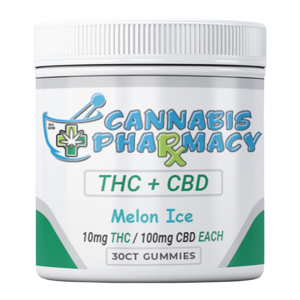 Cannabis Pharmacy THC Blend CBD Gummies | 100mg CBD + 10mg Delta 9 THC - Melon Ice - 30ct Cannabis Pharmacy THC Blend CBD Gummies | 100mg CBD + 10mg Delta 9 THC - Melon Ice - 30ct
